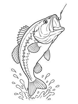 A dynamic bass coloring page showing a largemouth bass jumping out of splashing water hooked on a line.