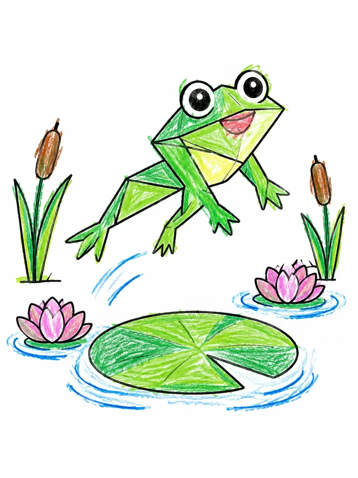 Colored example of the Jumping Origami Frog Over Lily Pad coloring page