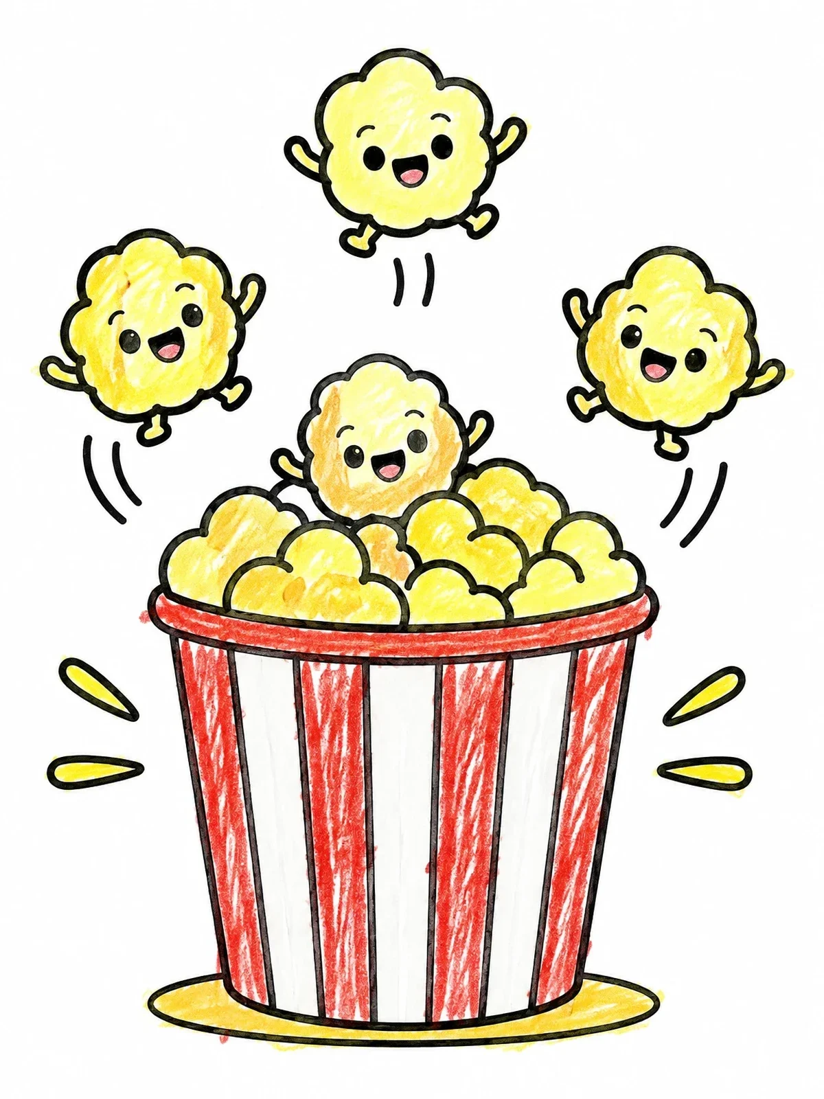 Colored example of the Happy Jumping Popcorn Bucket coloring page