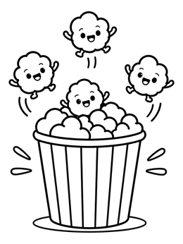 Free printable Happy Jumping Popcorn Bucket coloring page