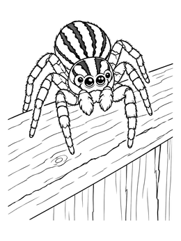A striped jumping spider sits on a wooden deck in this spider coloring page.