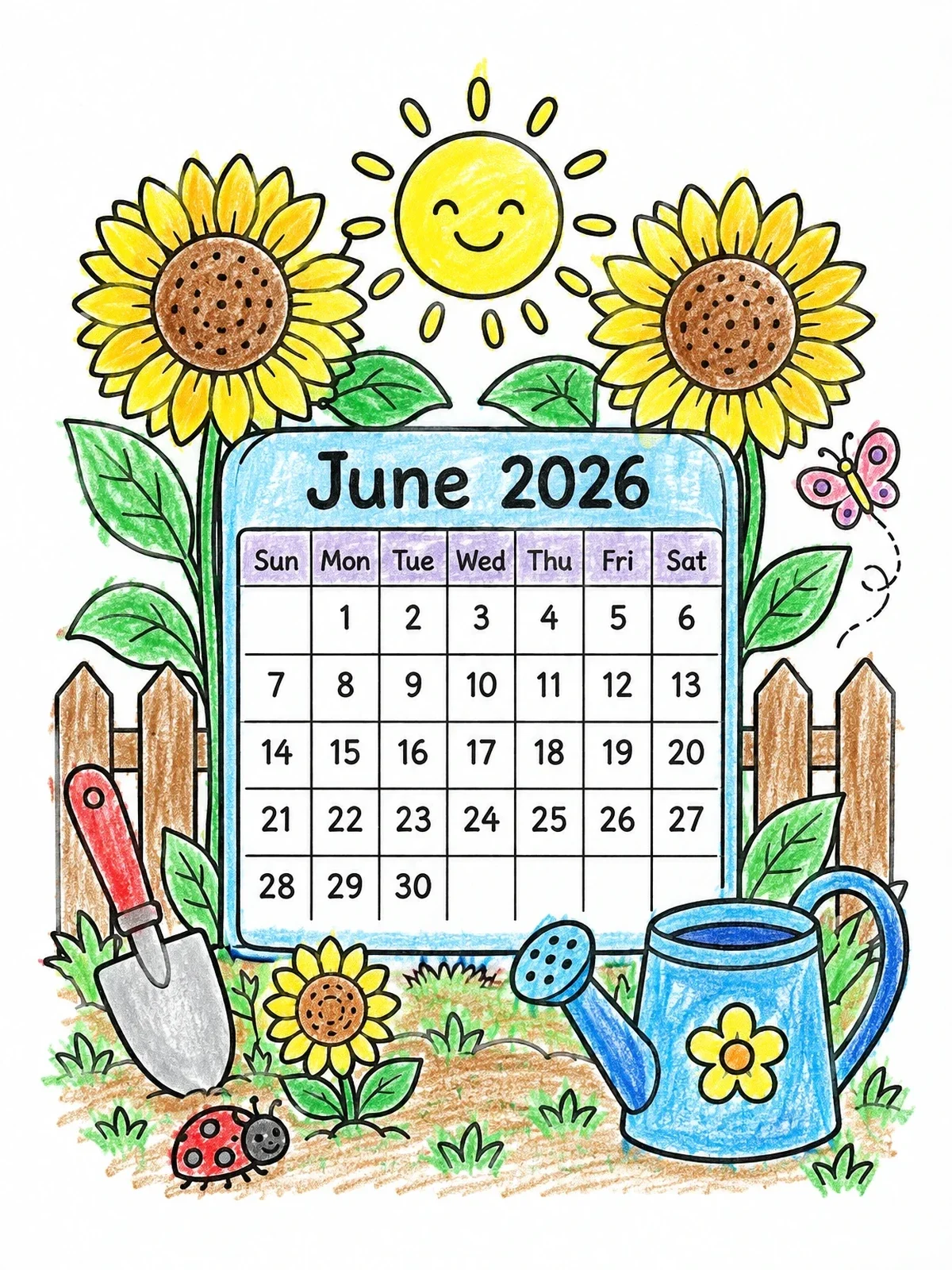 Colored example of the June 2026 Garden Calendar coloring page