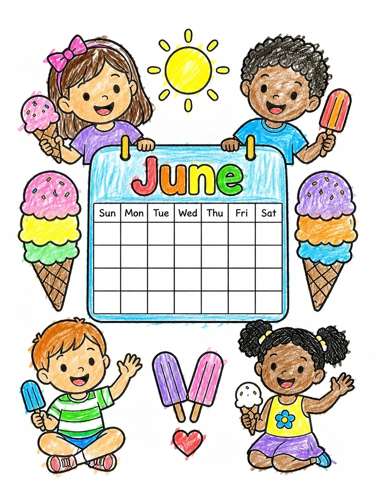 Colored example of the June Calendar With Happy Kids And Ice Cream coloring page