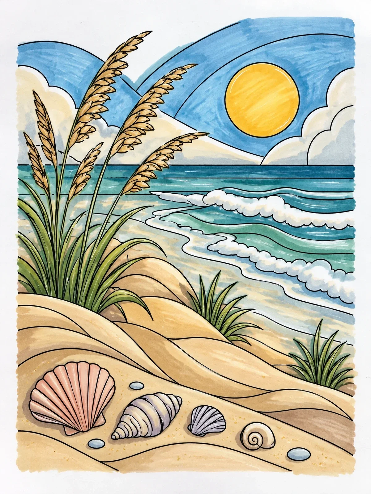 Colored example of the Coastal Dunes And Ocean Waves coloring page