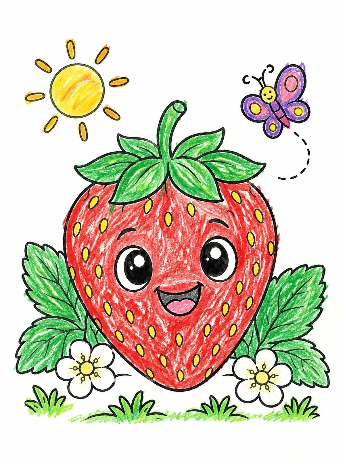 Colored example of the Cute Strawberry In The Garden coloring page