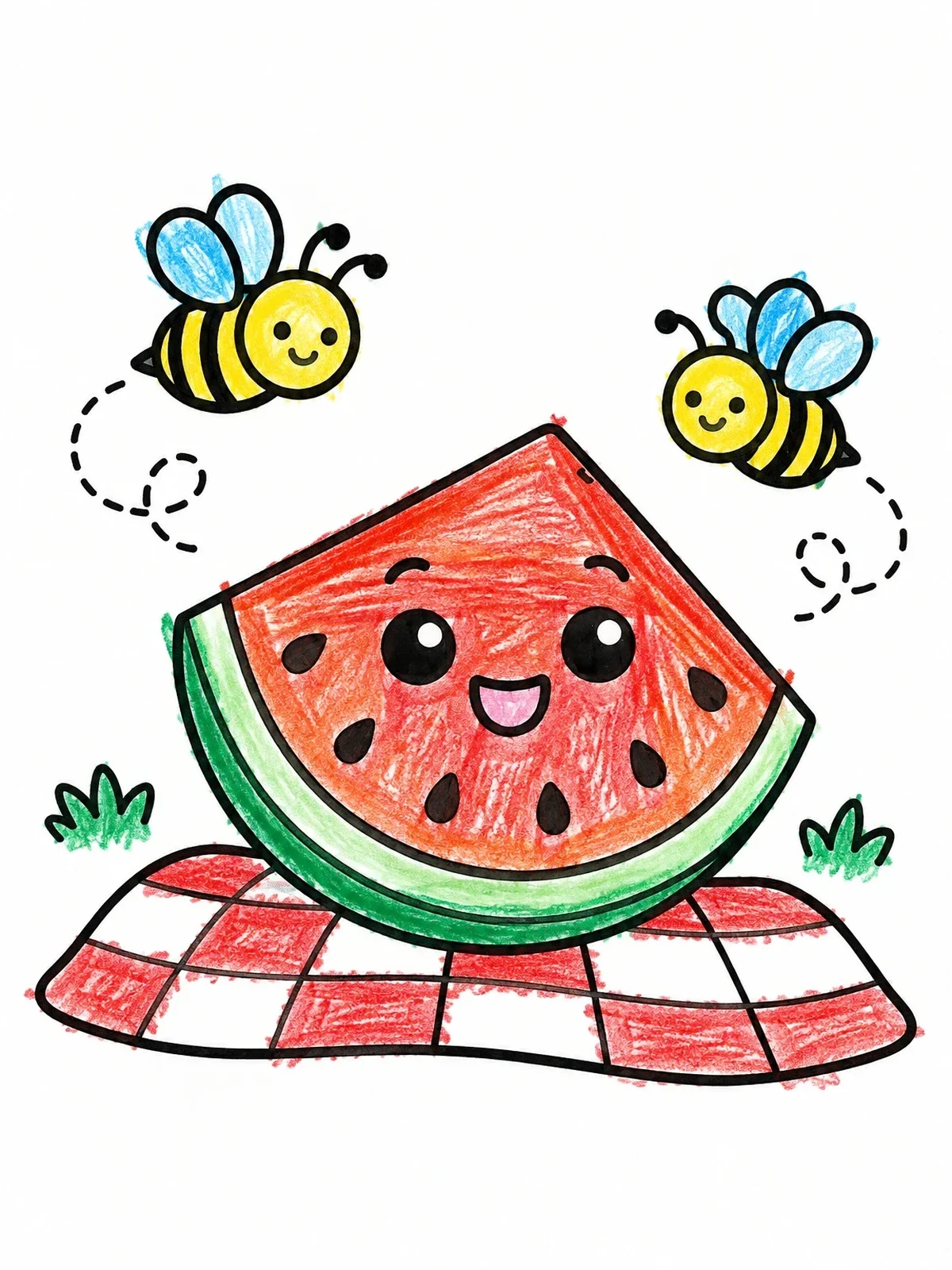 Colored example of the Cute Watermelon Slice And Honeybees coloring page