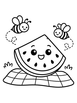 Free printable Cute Watermelon Slice And Honeybees coloring page