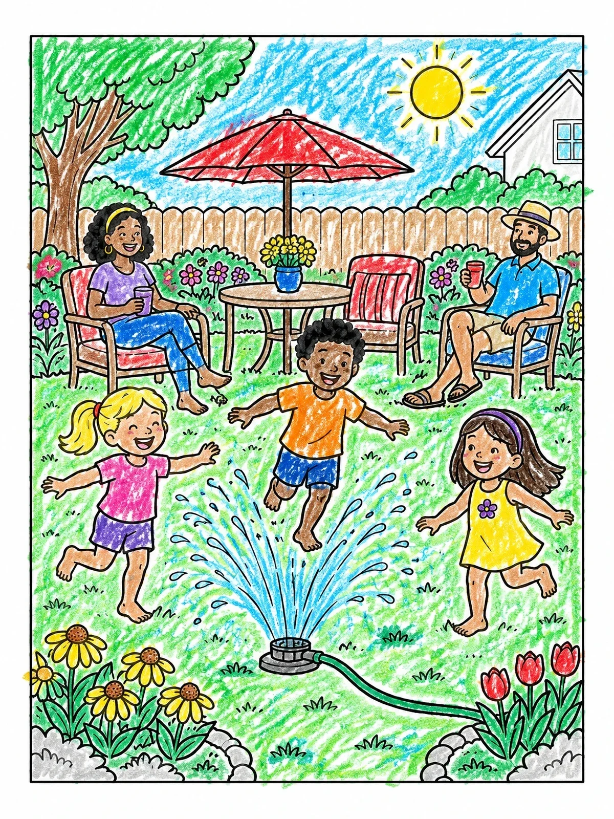 Colored example of the Family Backyard Lawn Sprinkler Fun coloring page