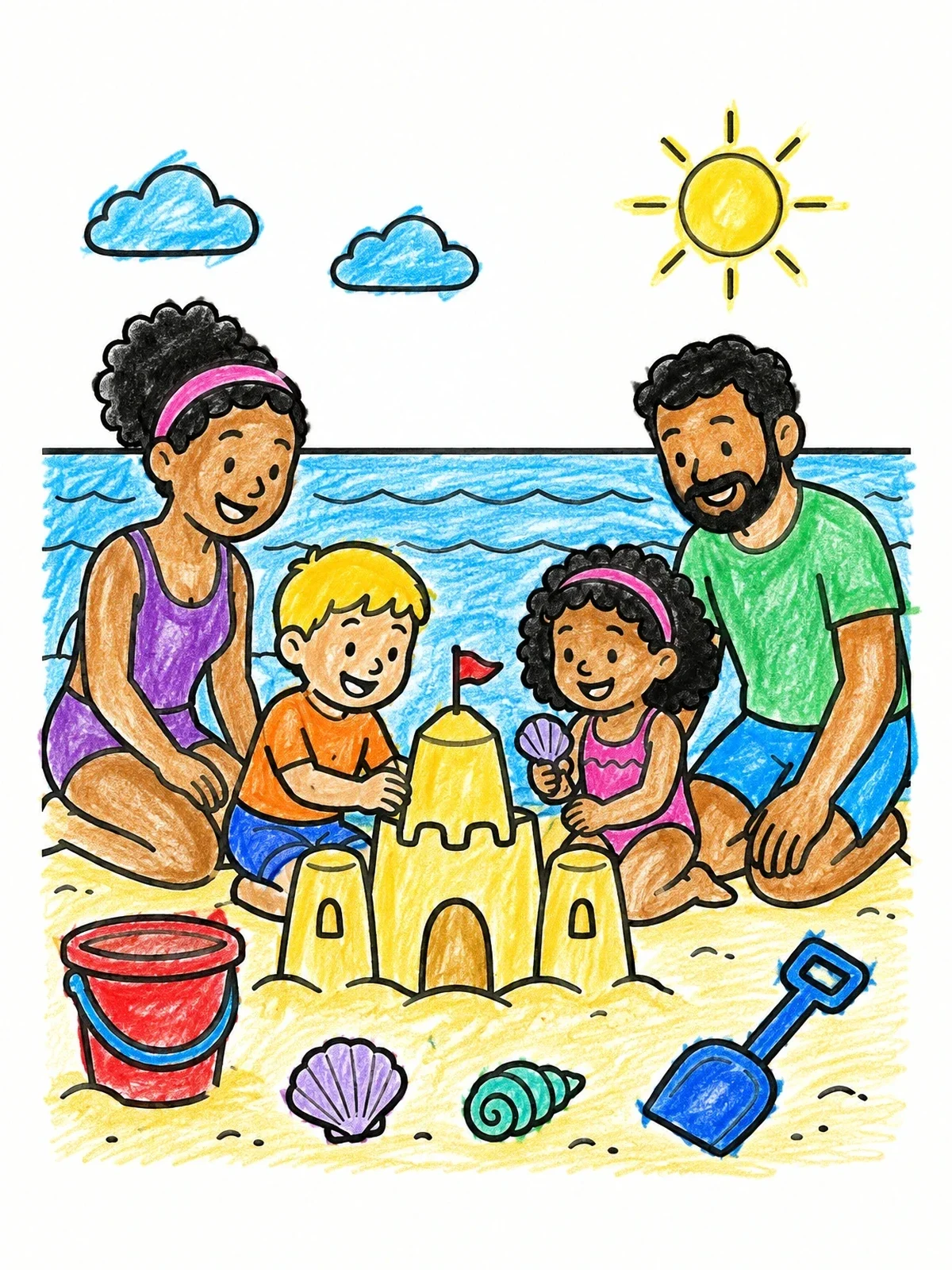 Colored example of the Family Building A Sandcastle At The Beach coloring page