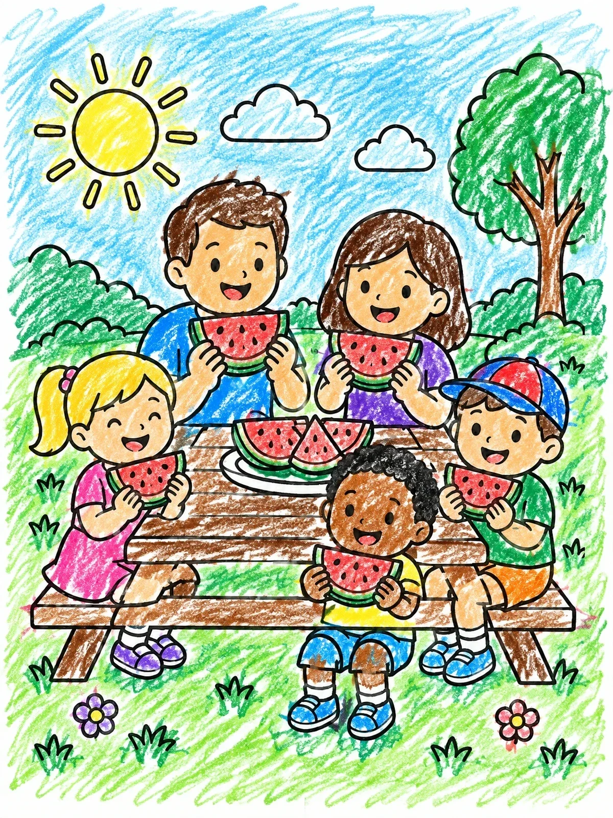 Colored example of the Family Eating Watermelon In The Park coloring page