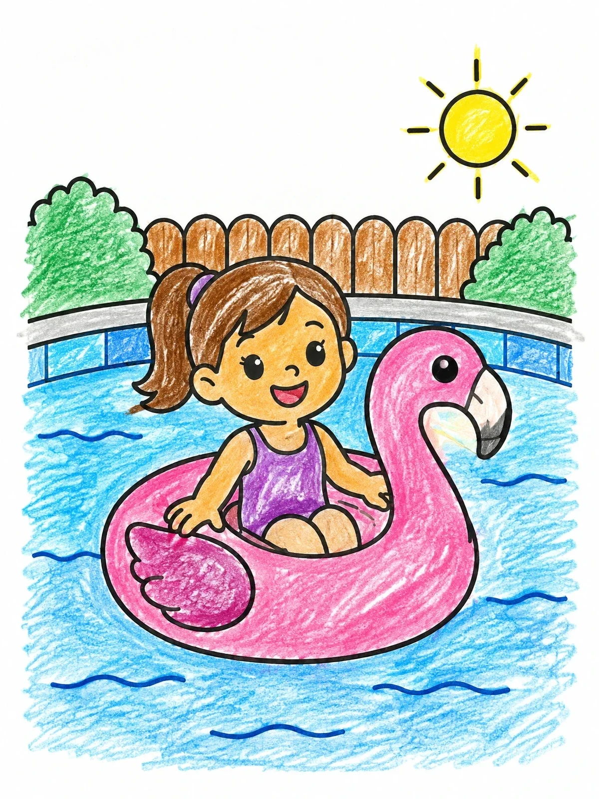 Colored example of the Girl On Inflatable Flamingo Float coloring page