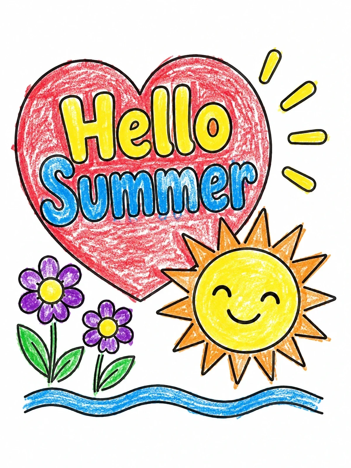 Colored example of the Hello Summer Sun And Flowers coloring page