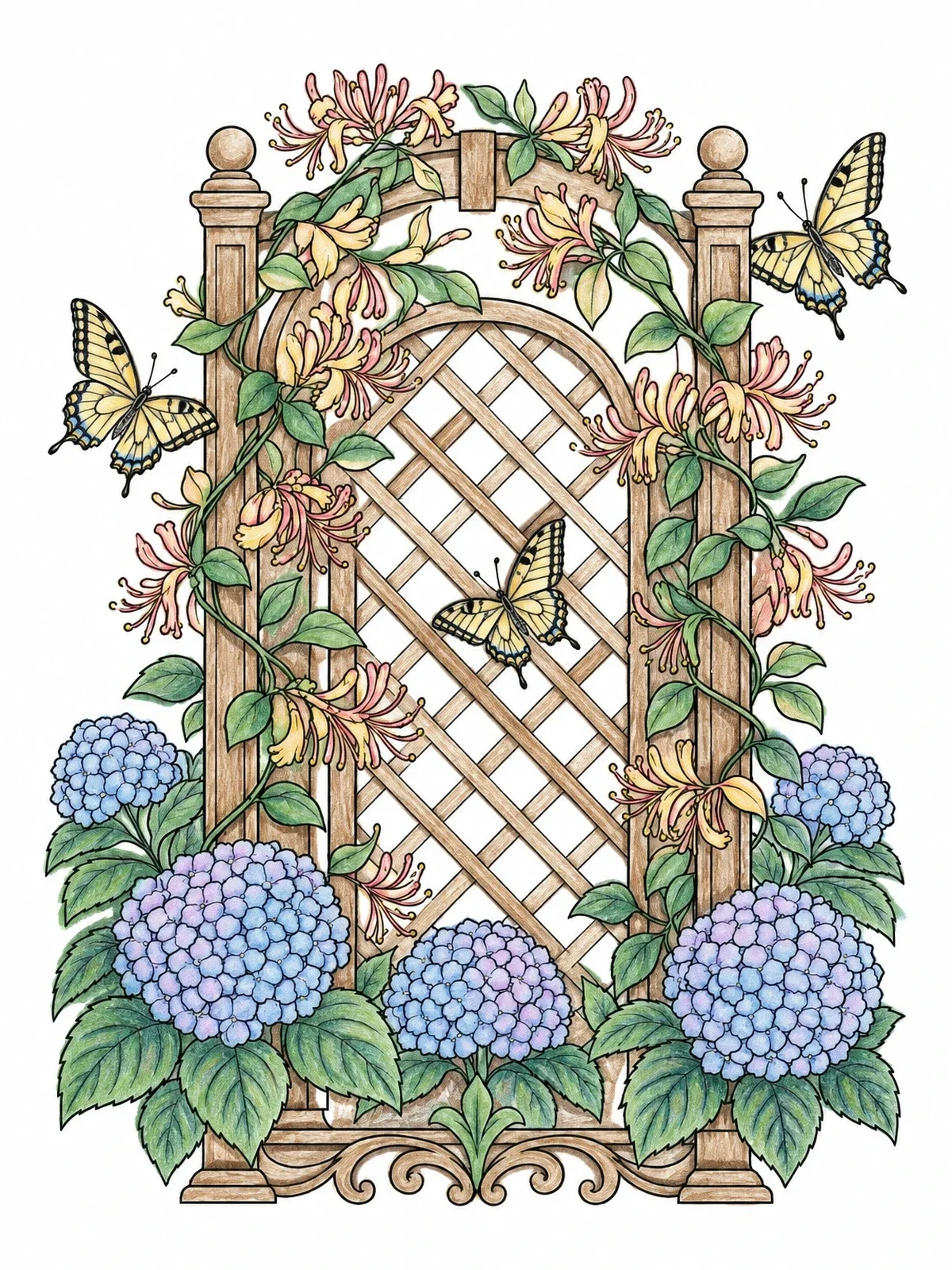 Colored example of the Honeysuckle Trellis And Hydrangeas coloring page