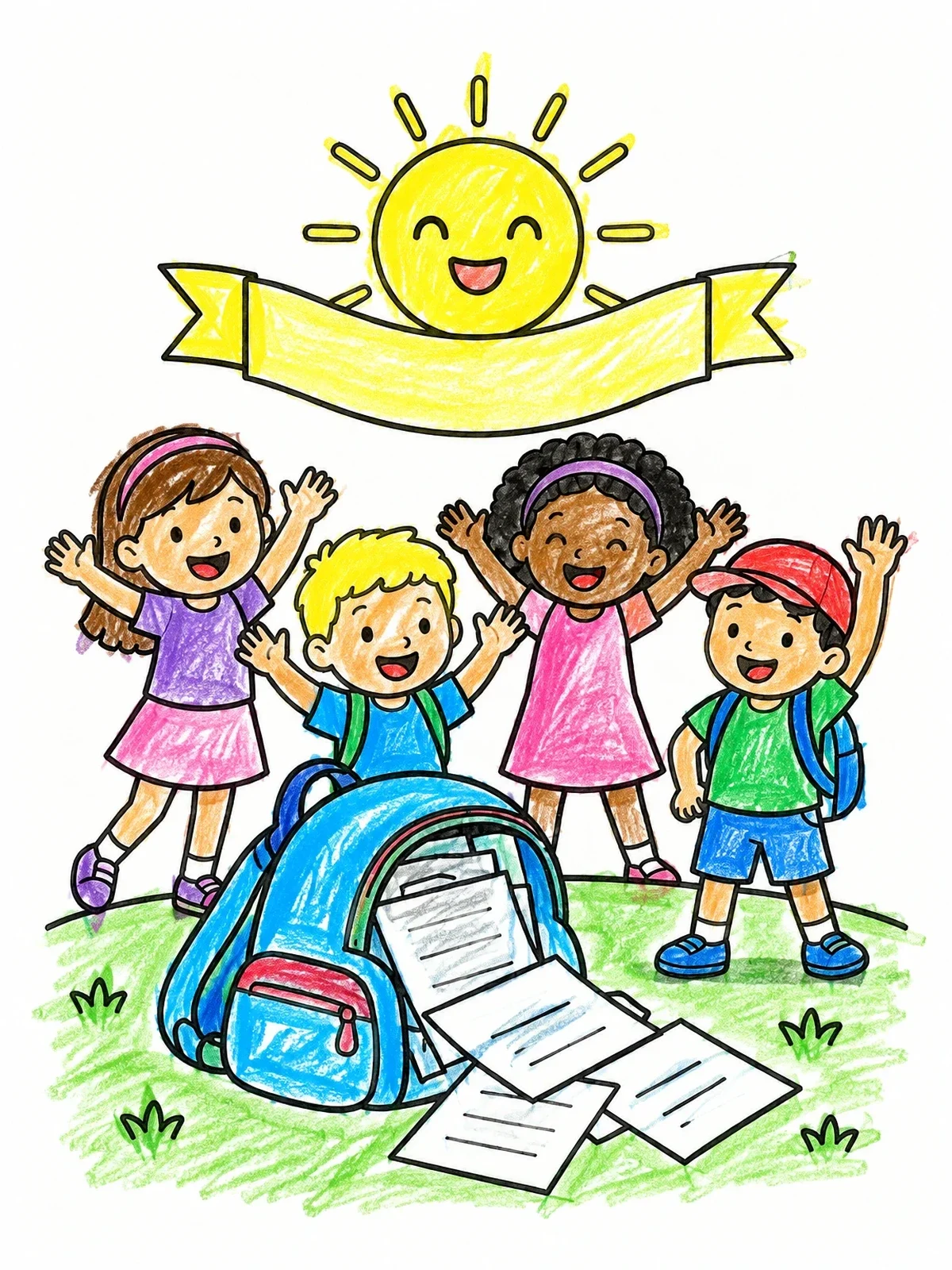 Colored example of the Happy Kids Celebrating Summer Break coloring page