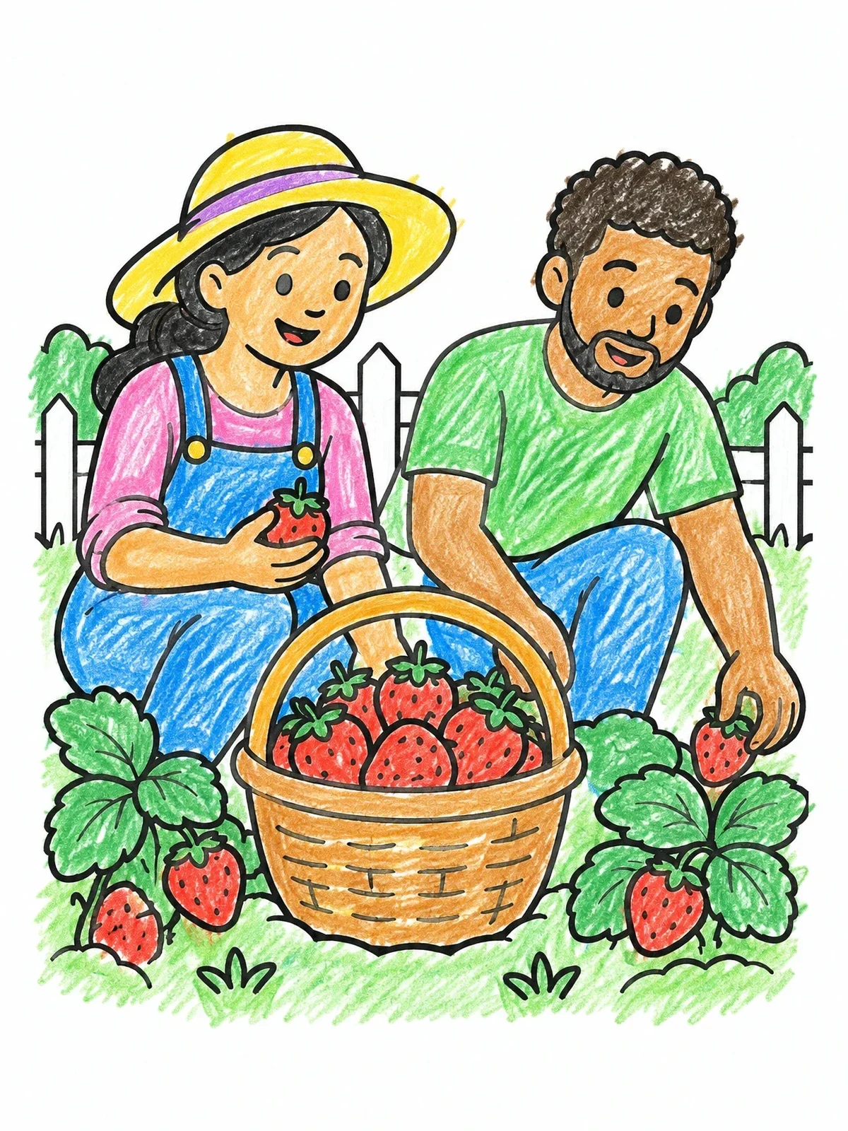 Colored example of the Picking Strawberries In The Garden coloring page