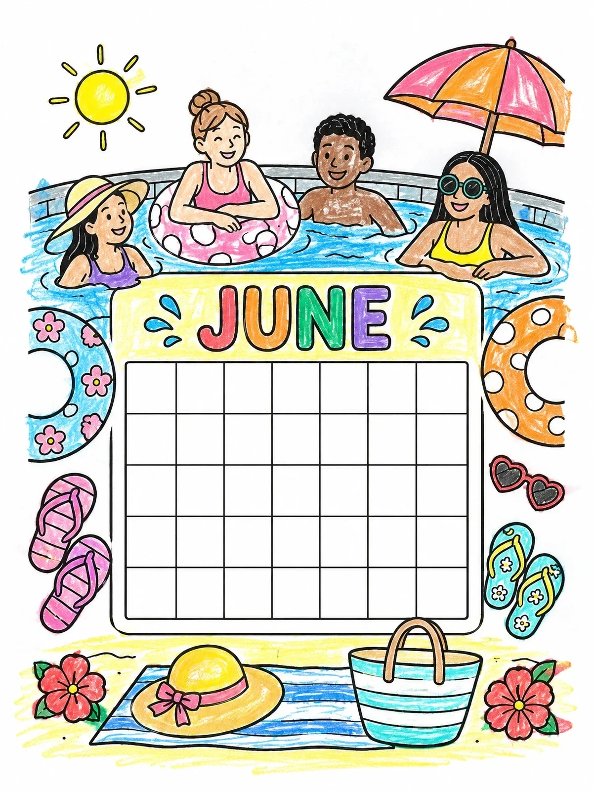 Colored example of the June Pool Party Calendar coloring page