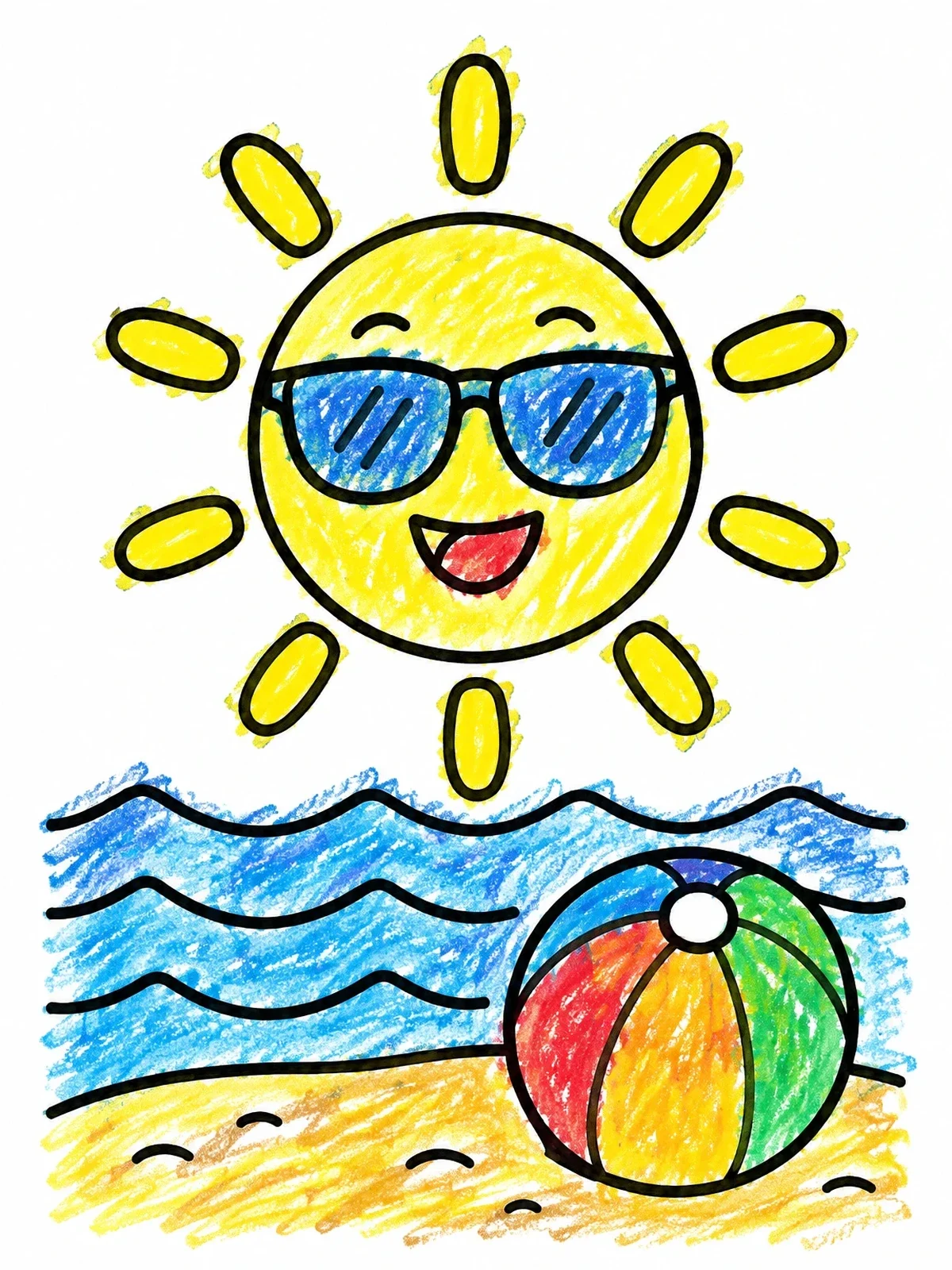 Colored example of the Smiling Summer Sun At The Beach coloring page