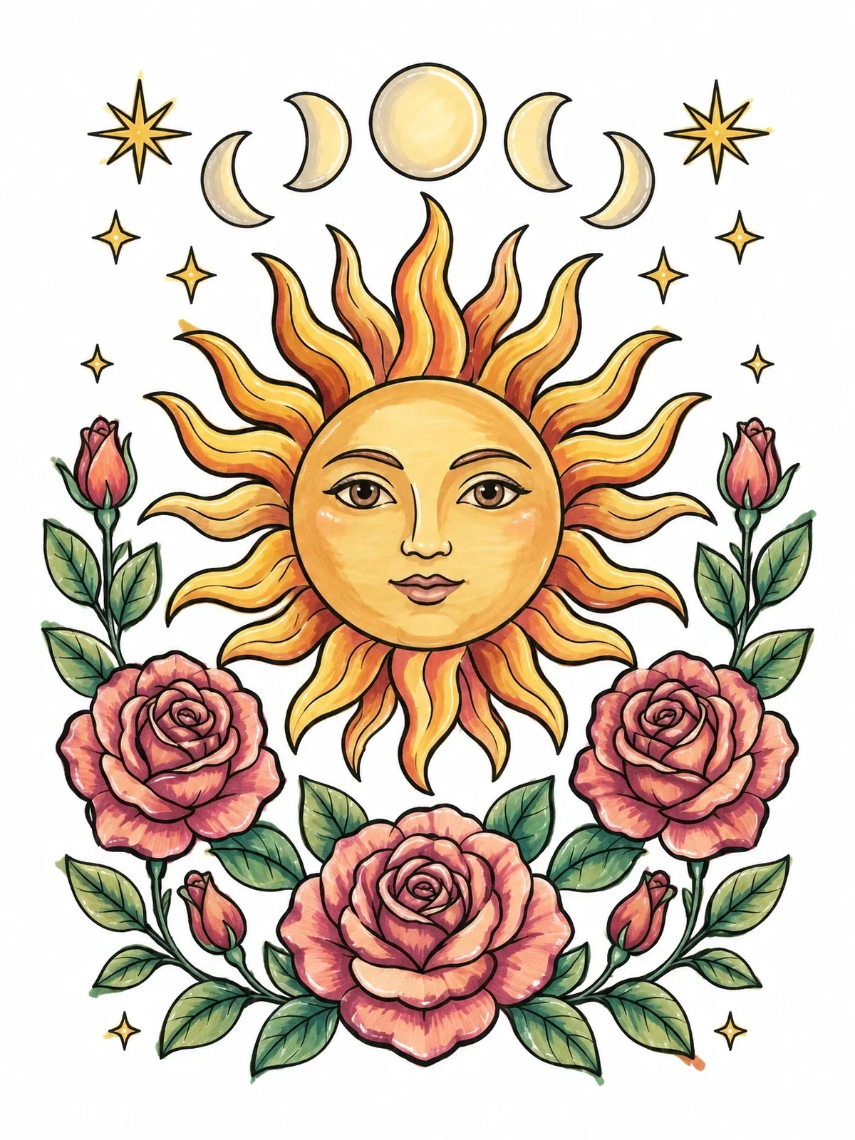 Colored example of the Solstice Sun And Blooming Roses coloring page