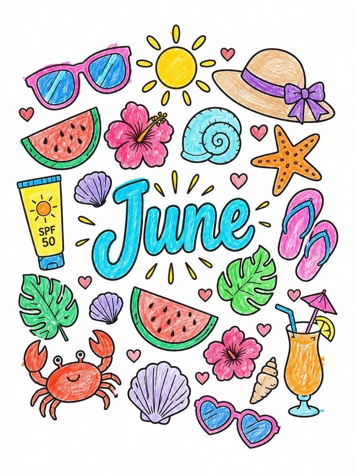 Colored example of the June Summer Beach Doodles coloring page