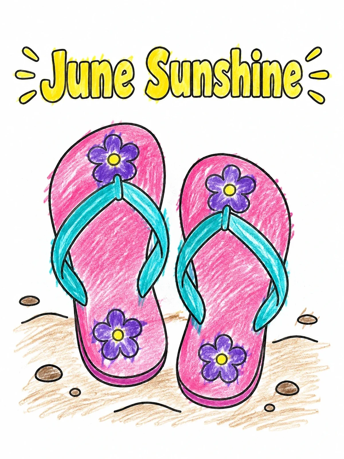 Colored example of the June Sunshine Beach Flip Flops coloring page