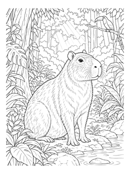 A peaceful capybara rests beside water in this detailed jungle coloring page with a toucan above.