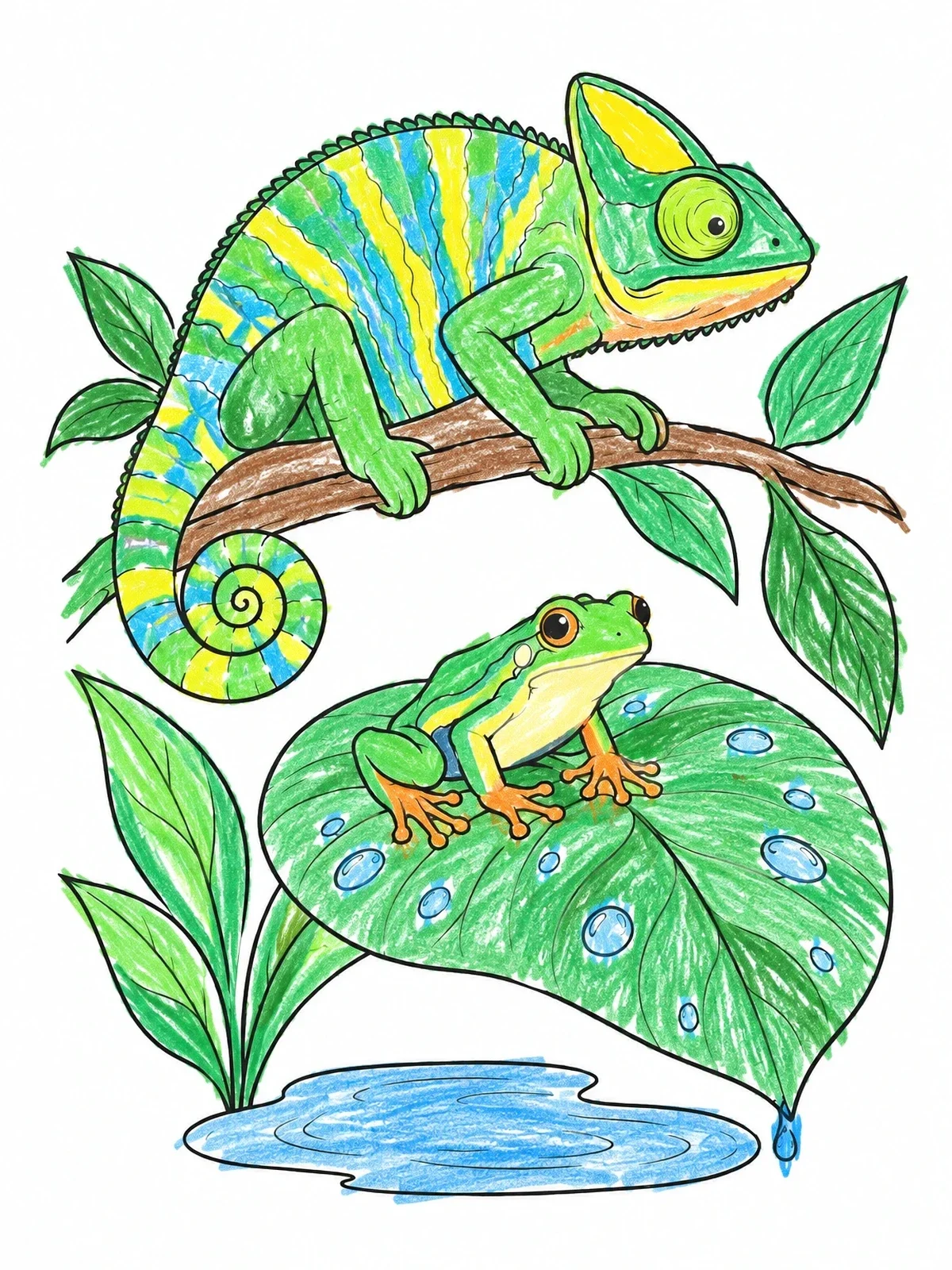Colored example of the Chameleon And Tree Frog On Leaf coloring page