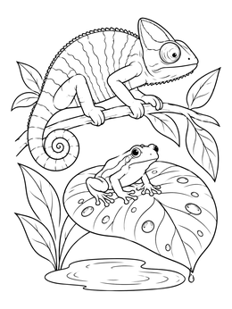 A chameleon on a branch watching a tree frog in this jungle coloring page.