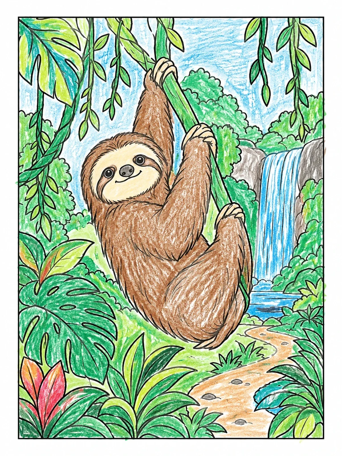 Colored example of the Cheerful Sloth In The Rainforest coloring page