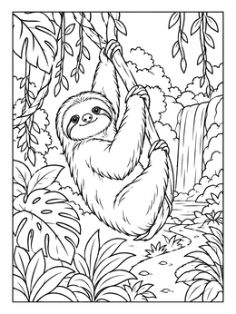 A smiling sloth hangs on a vine in this jungle coloring page with a waterfall.
