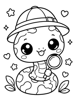 A sweet baby snake wearing a safari hat holds a magnifying glass in this jungle coloring page.