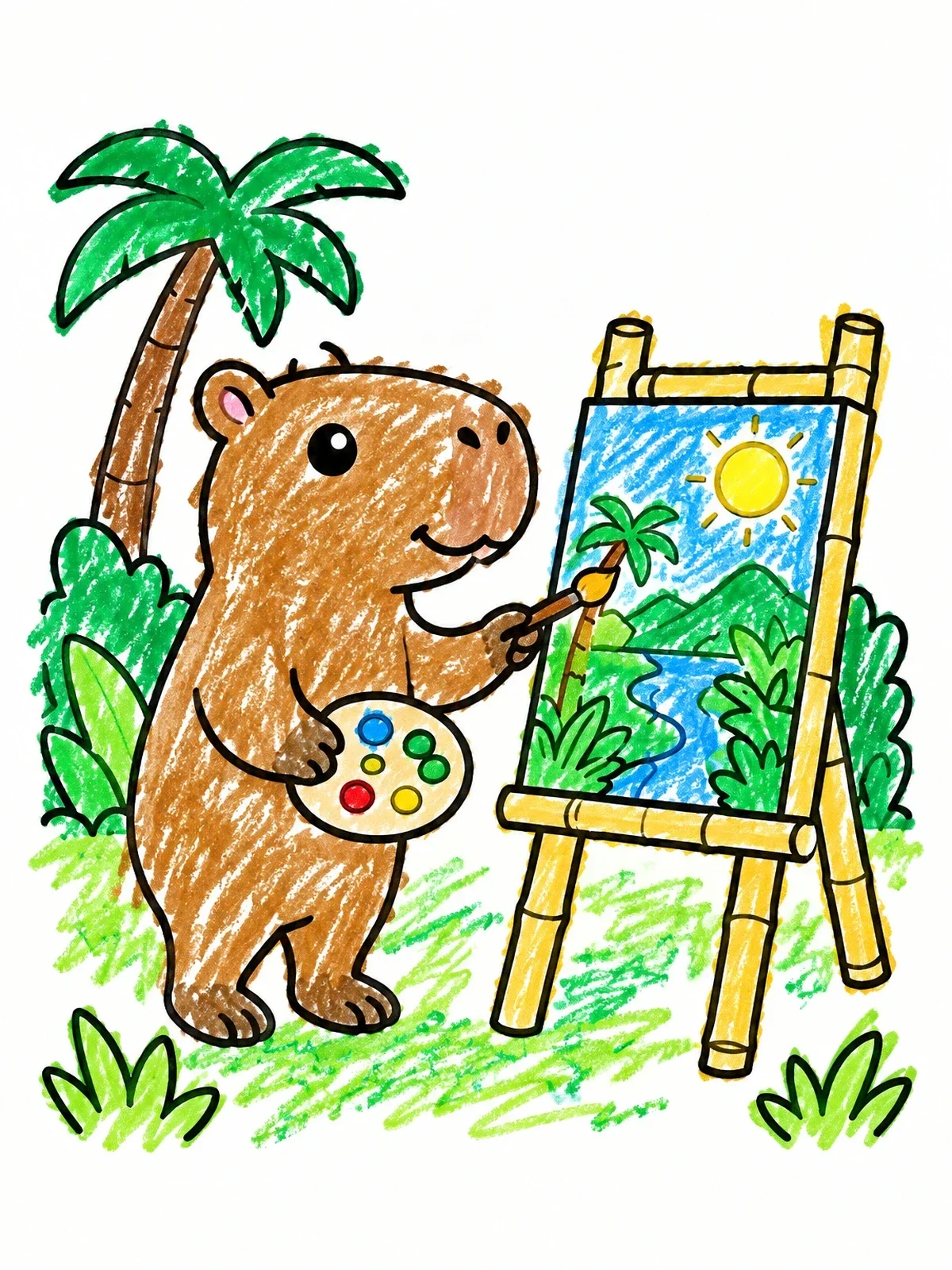 Colored example of the Cute Capybara Painting On An Easel coloring page