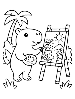 A cute capybara artist paints outdoors on this jungle coloring page with palm trees and an easel.
