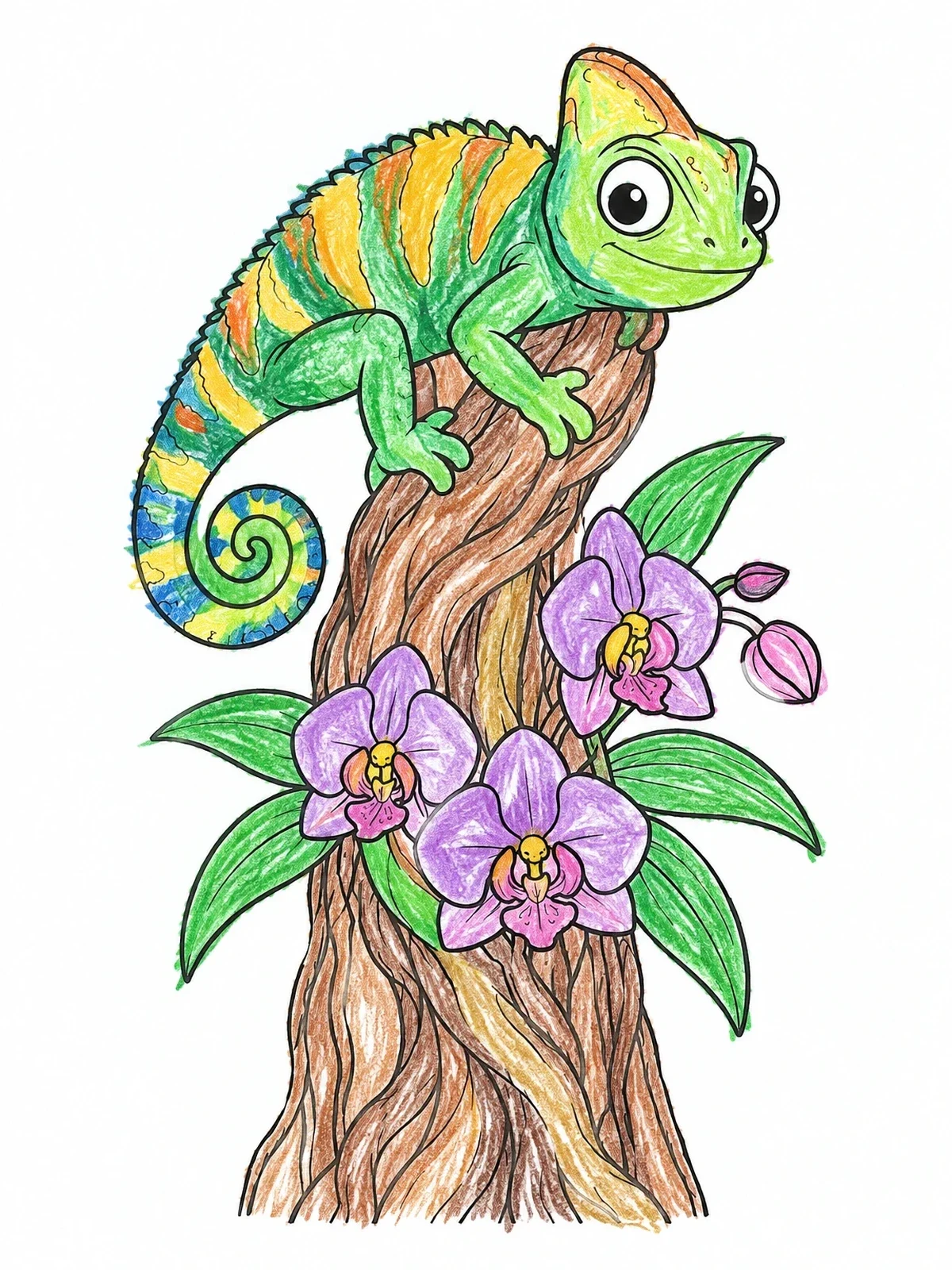 Colored example of the Cute Chameleon On Orchid Branch coloring page