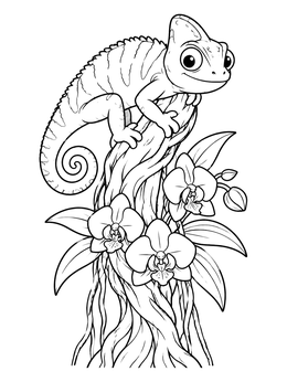 A cute chameleon perches above blooming orchids on this jungle coloring page.
