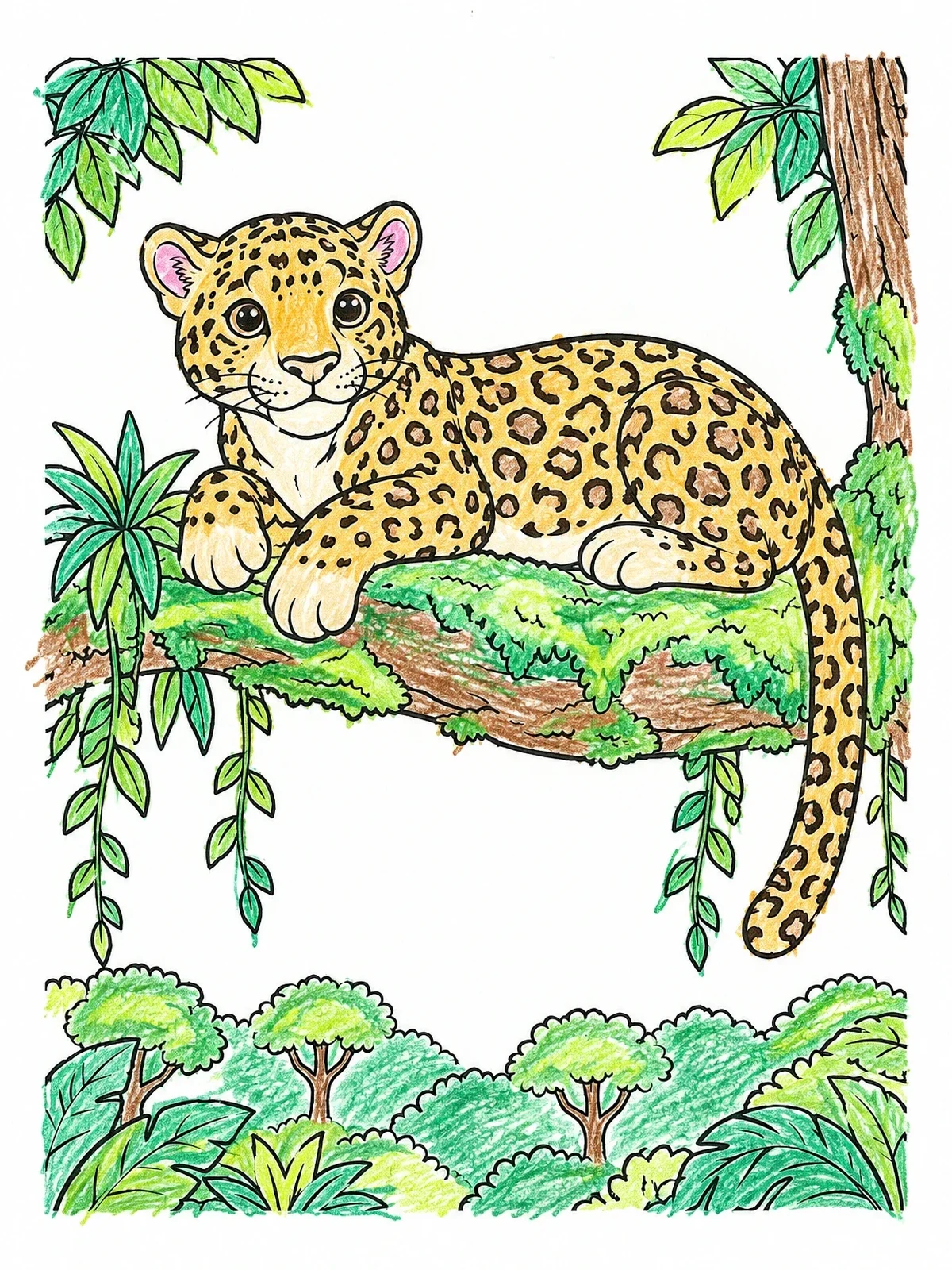 Colored example of the Cute Jaguar Cub On A Tree Branch coloring page