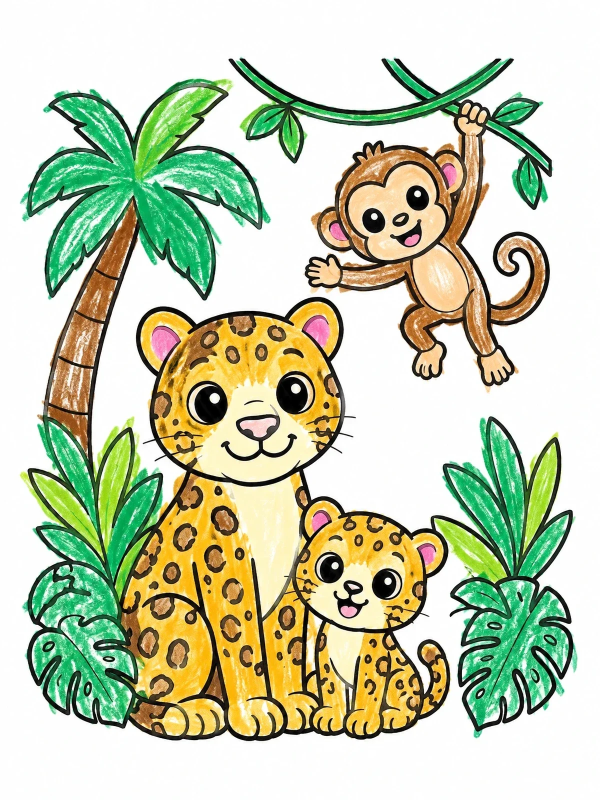 Colored example of the Cute Jaguars And Playful Monkey coloring page