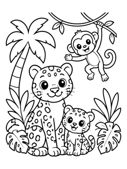 Free printable Cute Jaguars And Playful Monkey coloring page