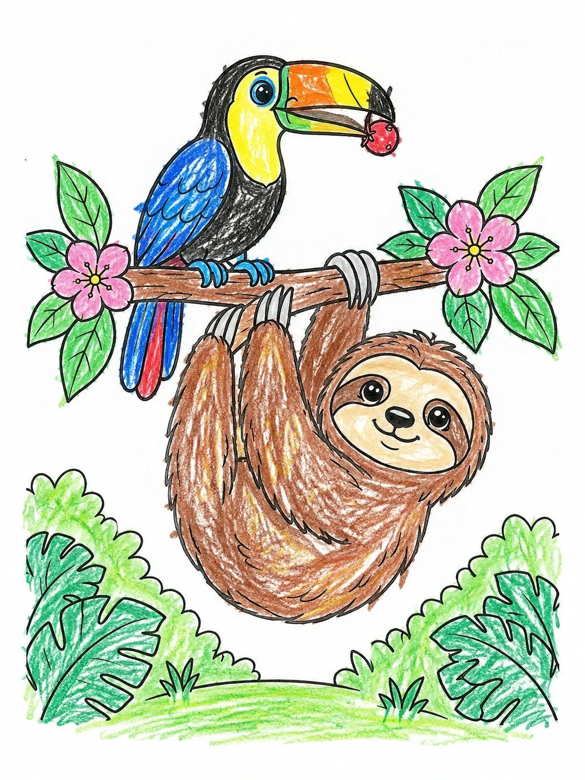 Colored example of the Cute Sloth And Toucan On A Branch coloring page