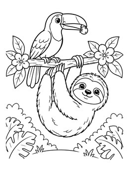 Free printable Cute Sloth And Toucan On A Branch coloring page