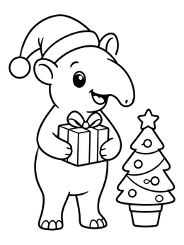 A cute cartoon tapir in a Santa hat on this jungle coloring page with a gift and tree.