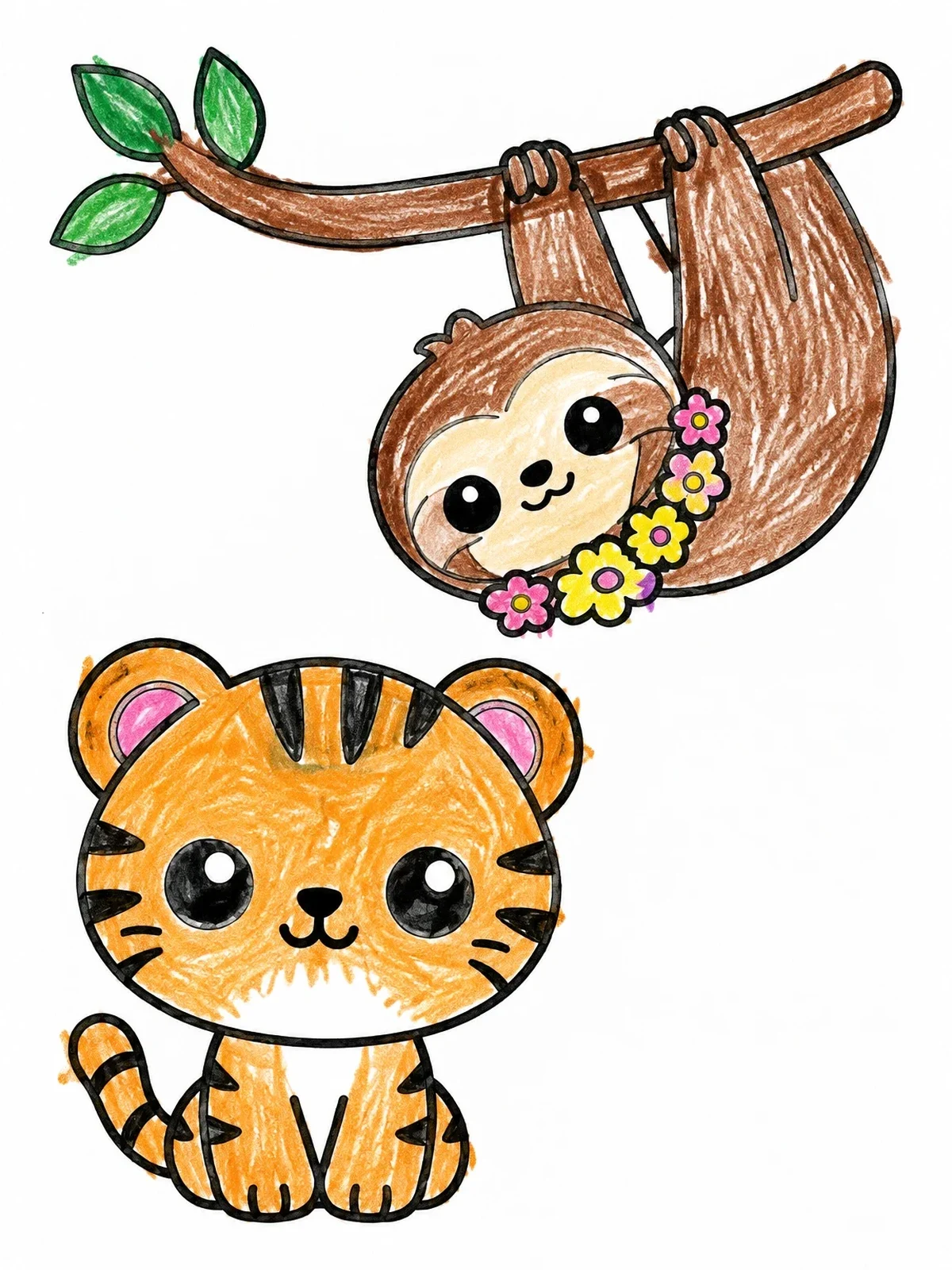 Colored example of the Cute Tiger Cub And Hanging Sloth coloring page