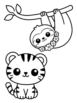 Free printable Cute Tiger Cub And Hanging Sloth coloring page