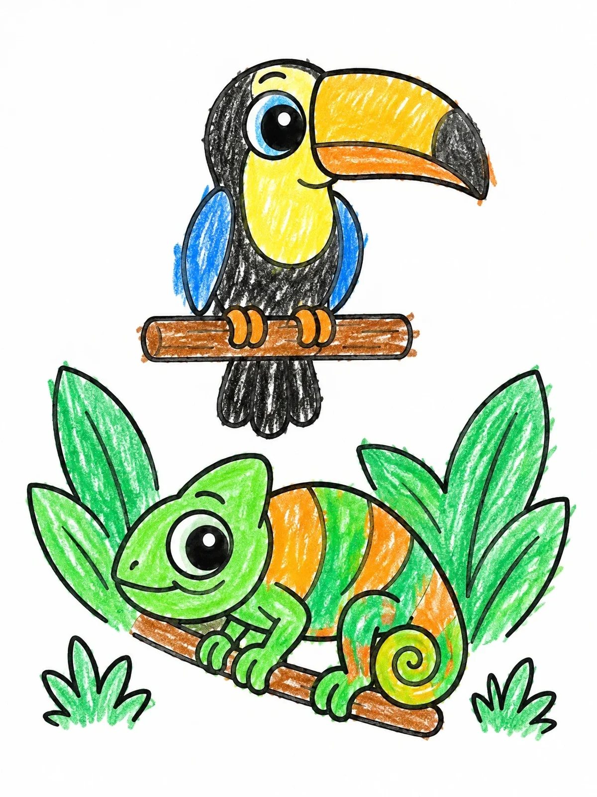 Colored example of the Cute Toucan And Little Chameleon coloring page