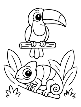 Free printable Cute Toucan And Little Chameleon coloring page