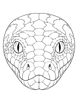 A detailed snake head portrait featured in a jungle coloring page.