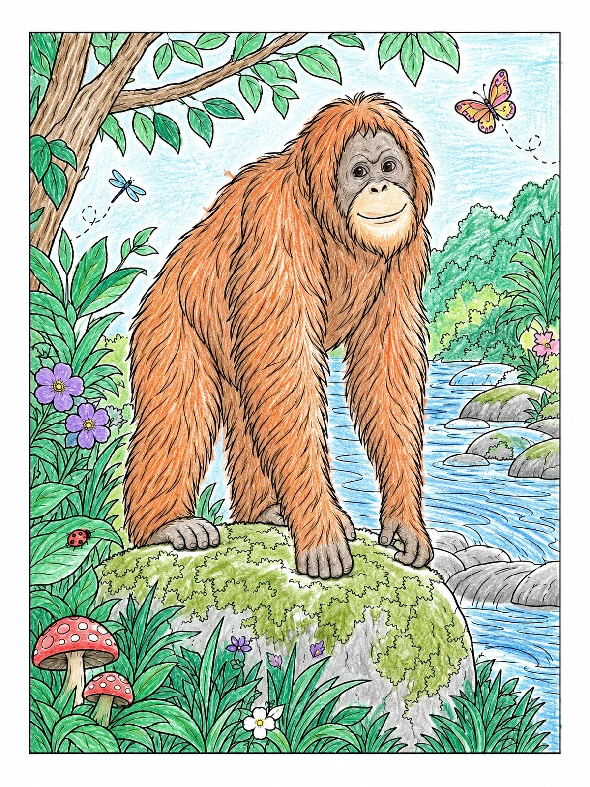 Colored example of the Friendly Orangutan By The River coloring page