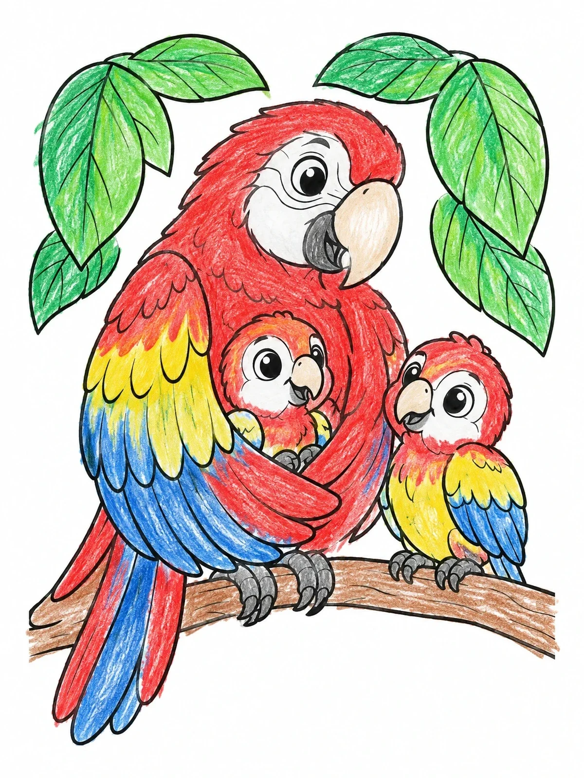 Colored example of the Mother Macaw With Baby Chicks coloring page