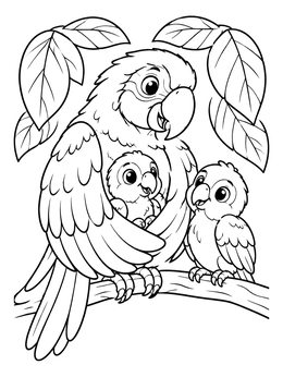A mother parrot perches with her chicks on a branch in this jungle coloring page.