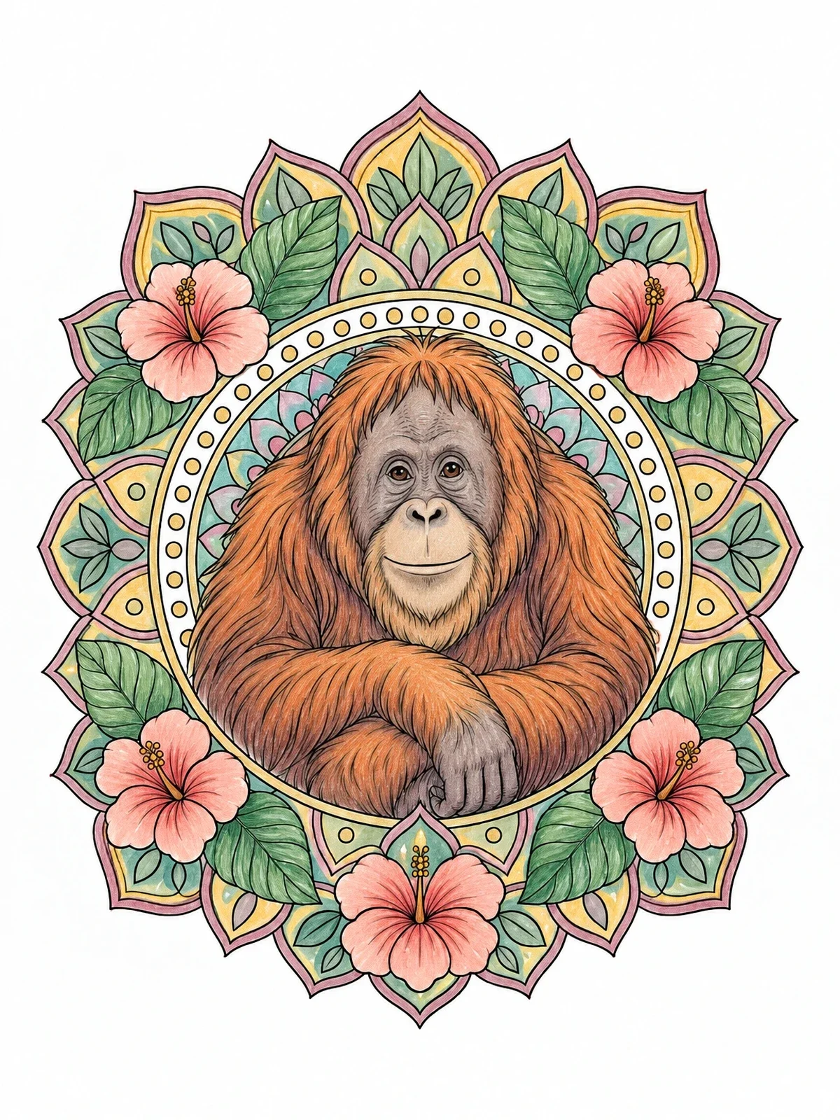 Colored example of the Orangutan In Floral Mandala Frame coloring page