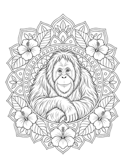 An orangutan sits inside an ornate frame on this jungle coloring page.